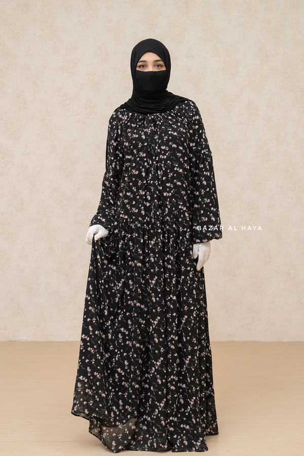 Amira Black Chiffon With Tie Neck Strings Abaya Dress - Puff Sleeves