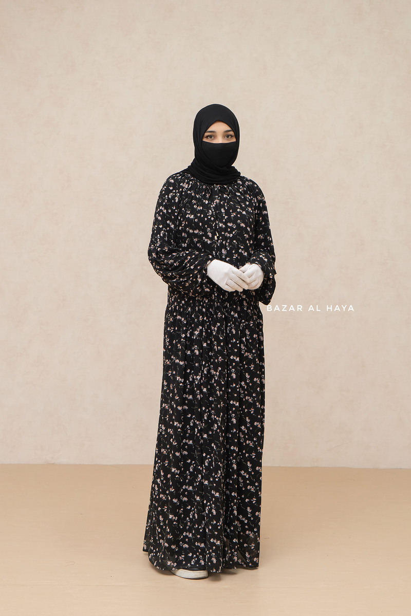 Amira Black Chiffon With Tie Neck Strings Abaya Dress - Puff Sleeves