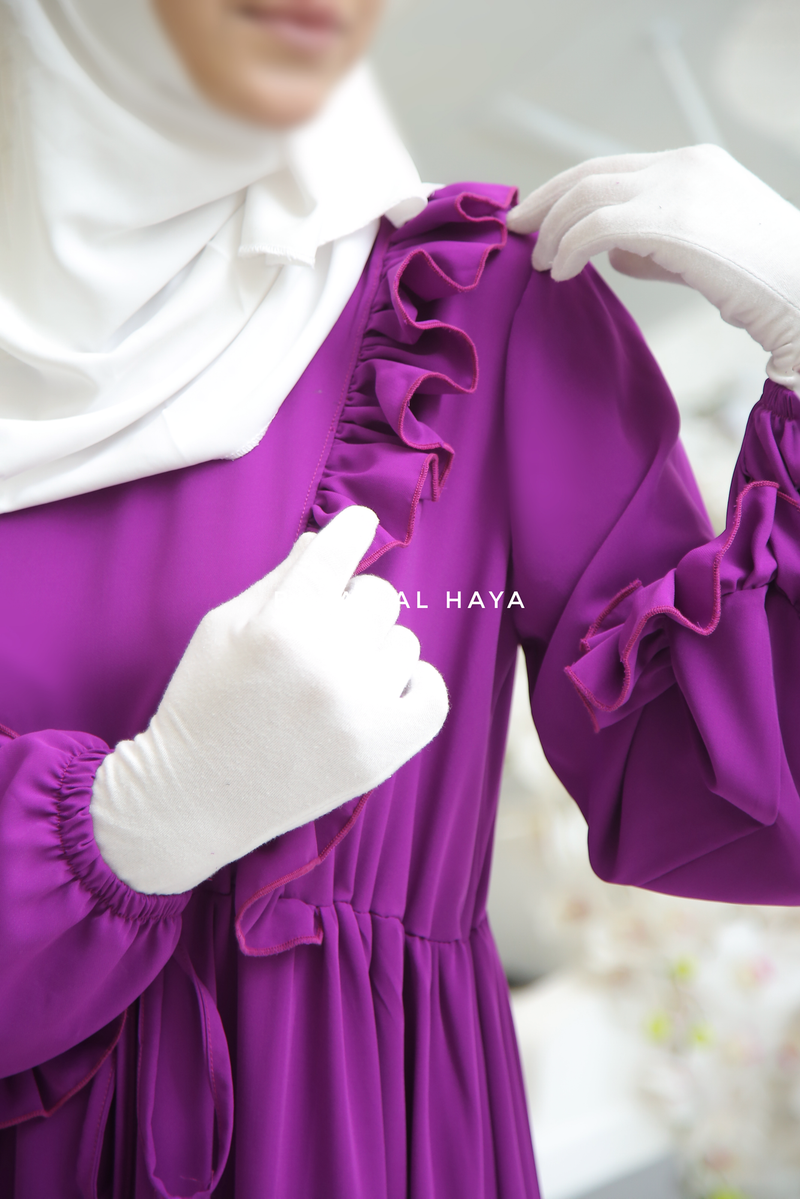 Bright Purple Afsah 3-D Ruffle Embroidery Lightweight Summer Spring Abaya Dress - Soft Breathable Crepe Cotton