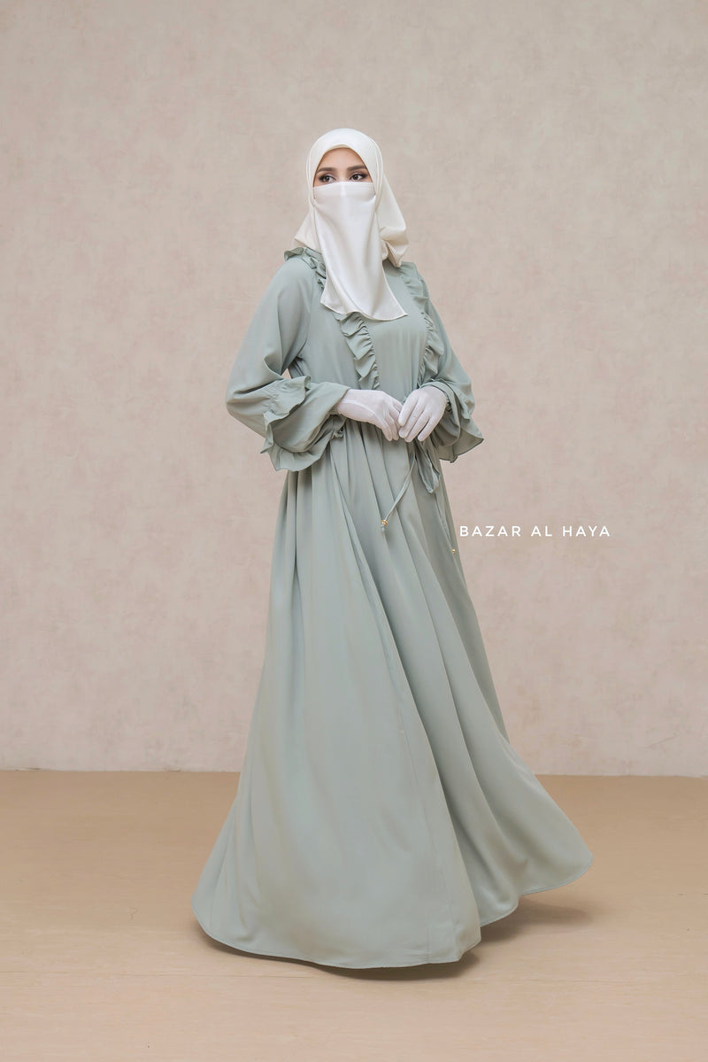 Afsah Mint Ruffle Lightweight Summer Spring Abaya Dress - Soft Breathable Crepe Cotton