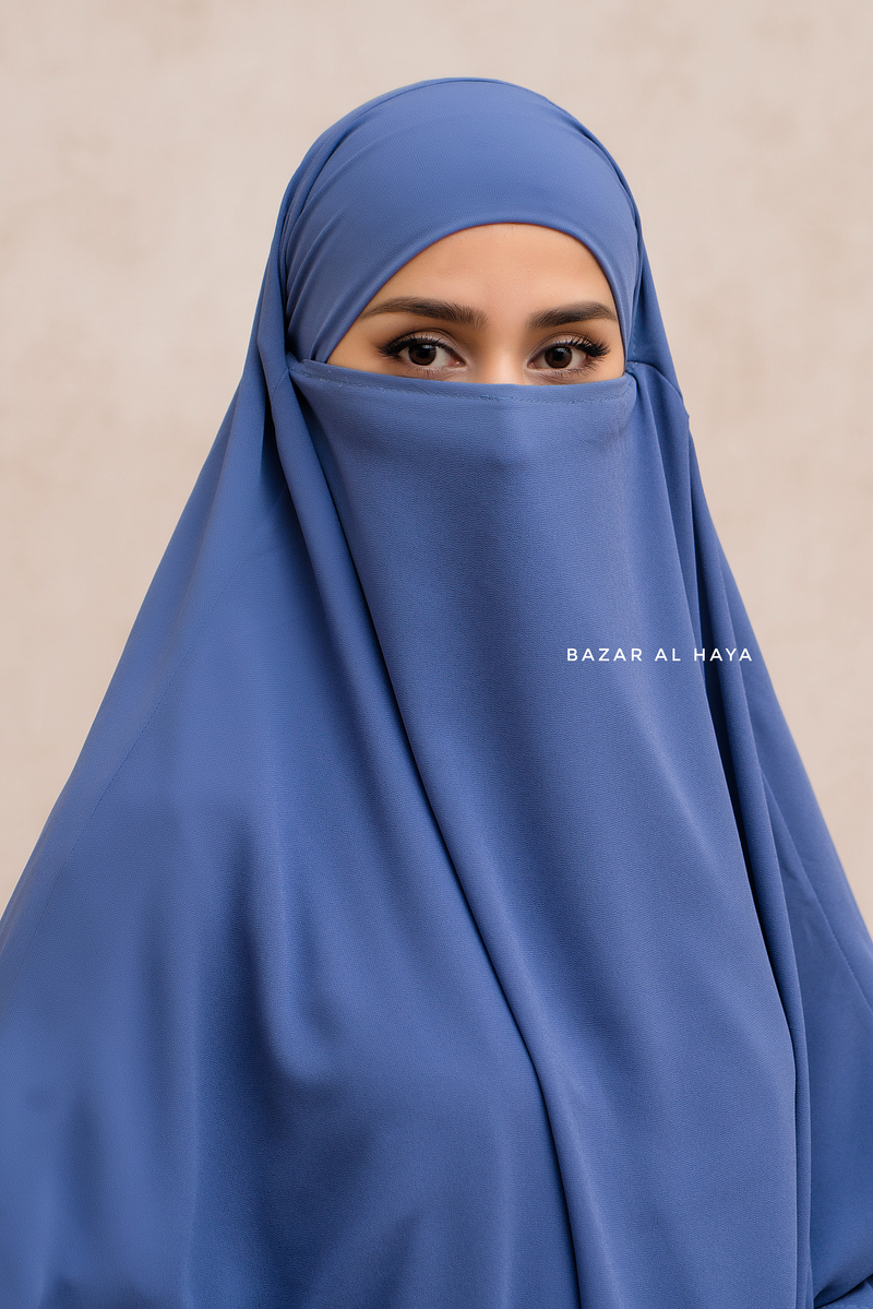 Slate Blue Pari Two Layered Maxi Diamond Khimar - Crepe Chiffon