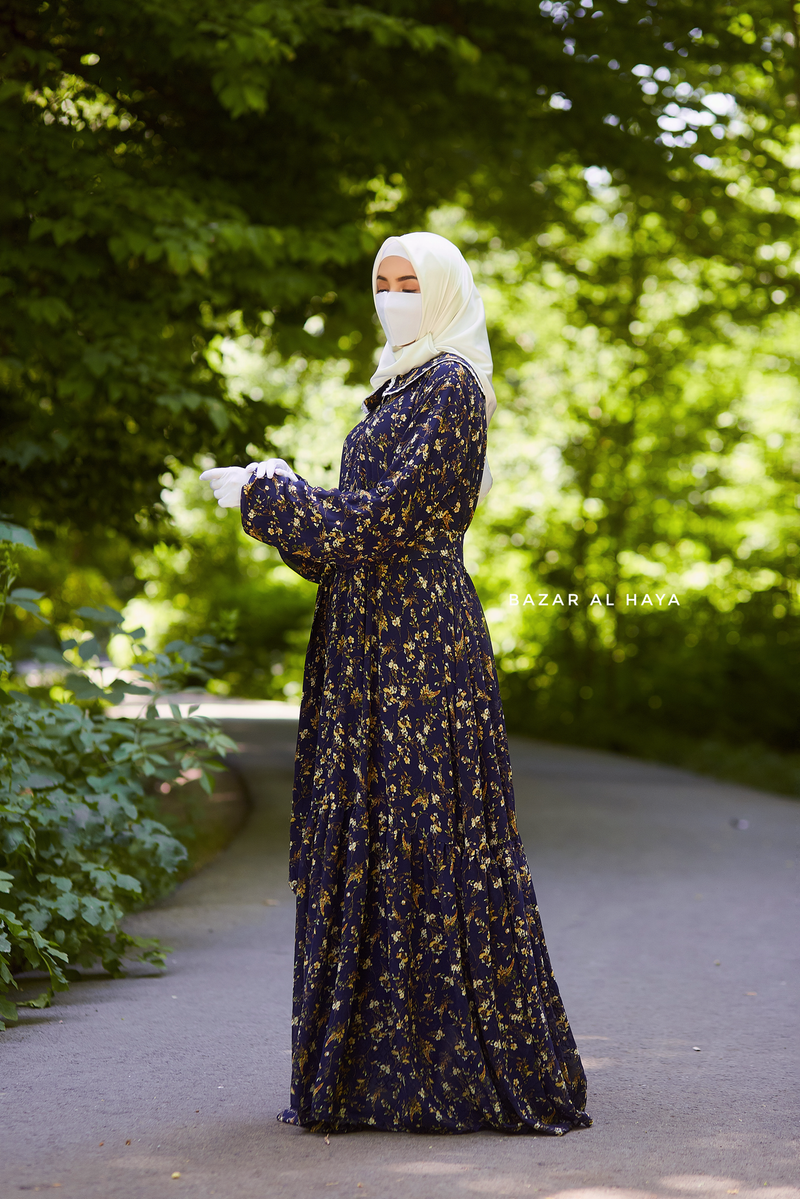Anisa Midnight Blue Floral Chiffon Dress With Belt - Full Snap Button Front