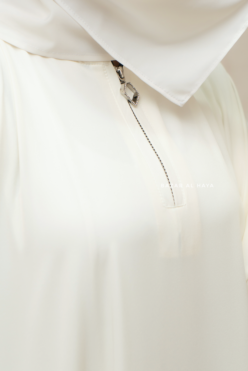 Badra Ivory Butterfly Abaya With Flair Bottom & Zipper Sleeves - Silk Crepe