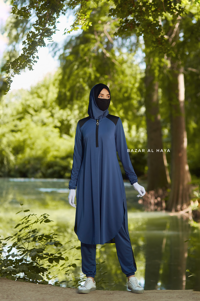 Shuruq Spruce Blue Modest Swimwear Three Piece Set With Swimdress, Khimar, & Pants - Enjoy The Comfort