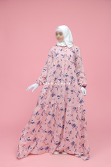 Sadia Pink Floral Abaya Dress 100% Cotton Summer Tiered Style With Front Zipper