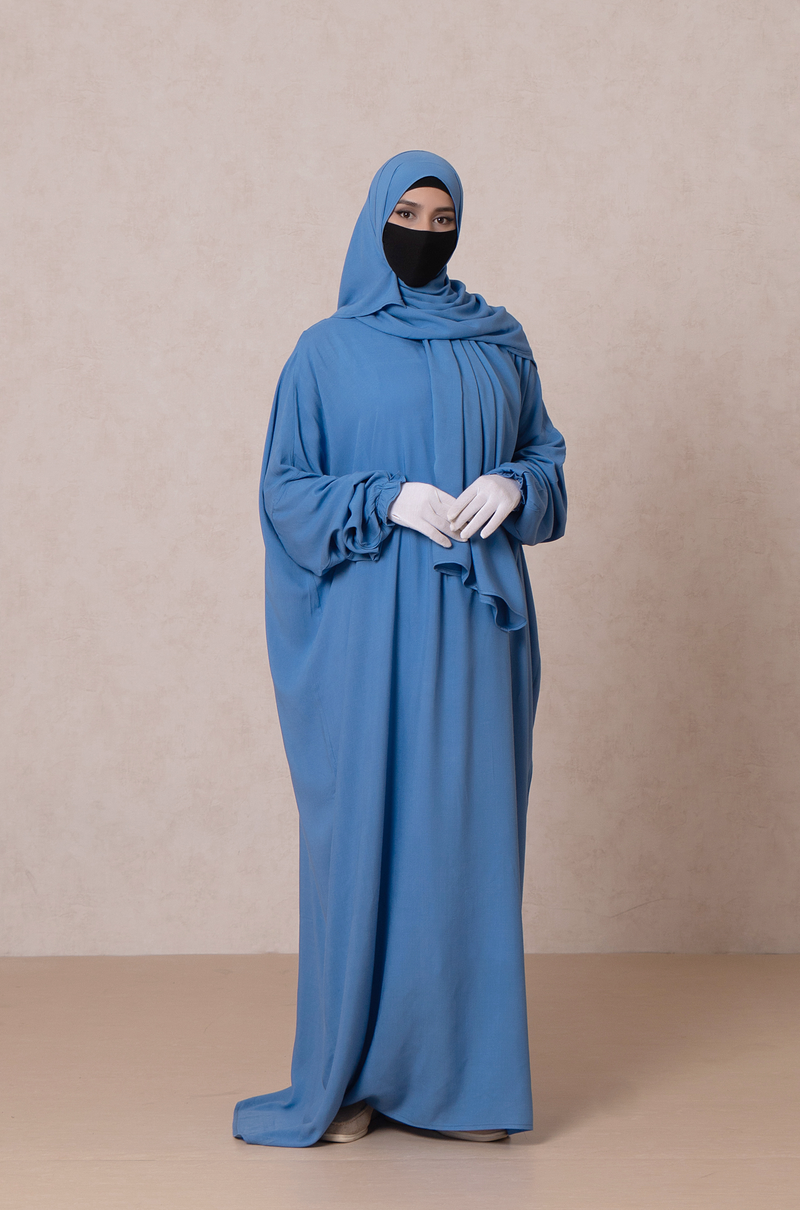 Prayer / Salah Dress One Piece Jilbab Blue 100% Cotton - Super Breathable Comfy Style