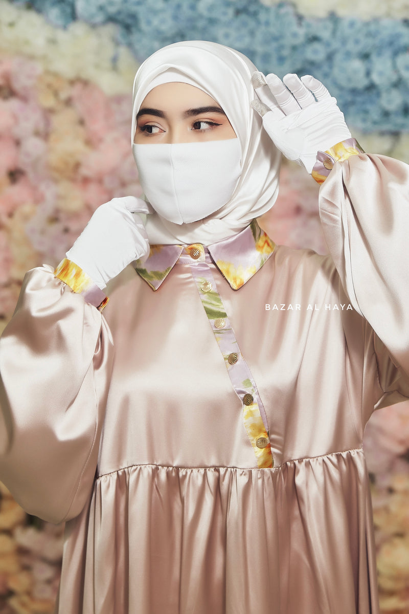 Nari Desert Gold Loose Fit Abaya Dress With Snap Buttons - Pure Silk