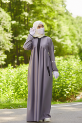 Kalina Grey Hooded Silk Crepe Abaya Dress With Pockets - Mediumweight