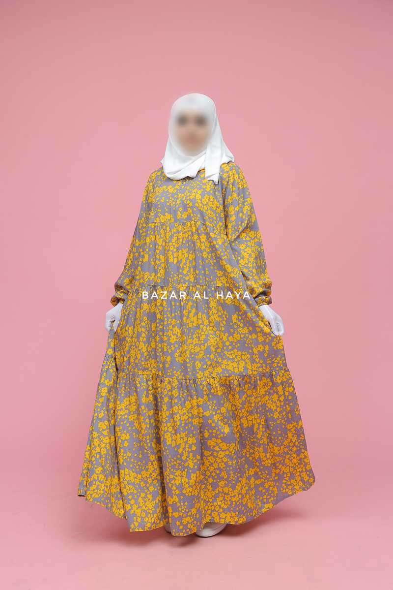 Sadia Yellow & Grey Floral Abaya Dress 100% Cotton Summer Tiered Style With Front Zipper