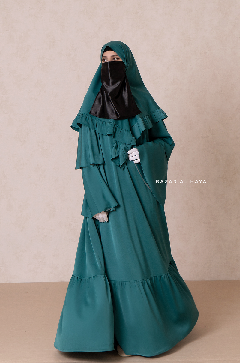 Bushra Dress - Jade Green Layered Ruffle Sleeve Abaya - Premium Sultansha