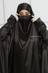 Black Latifa Two Piece Satin Jilbab With Skirt - Long & Loose