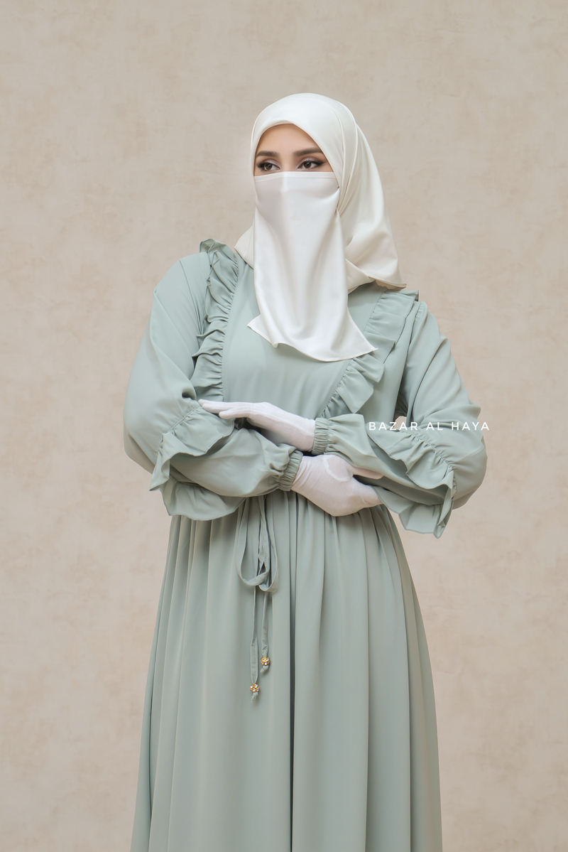 Afsah Mint Ruffle Lightweight Summer Spring Abaya Dress - Soft Breathable Crepe Cotton