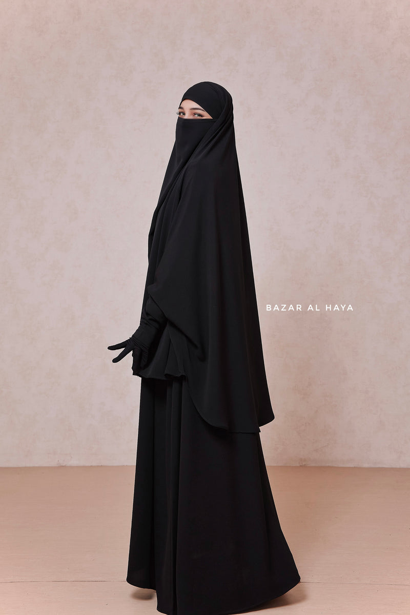 Yasmin Black Two Piece Jilbab With Dress & Khimar - Relaxed Fit, Light, Soft & Breathable