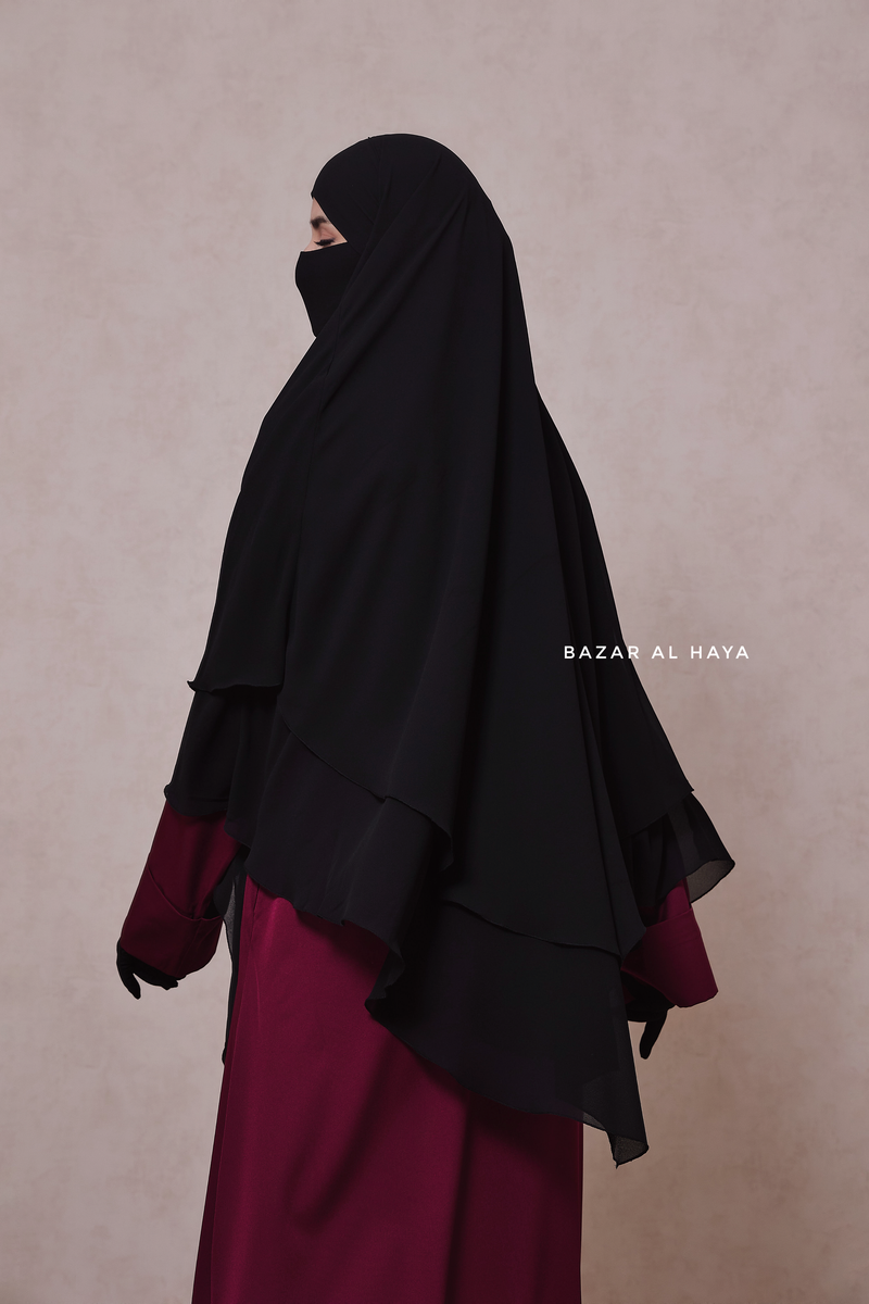 Black Pari Two Layered Maxi Diamond Khimar - Crepe Chiffon