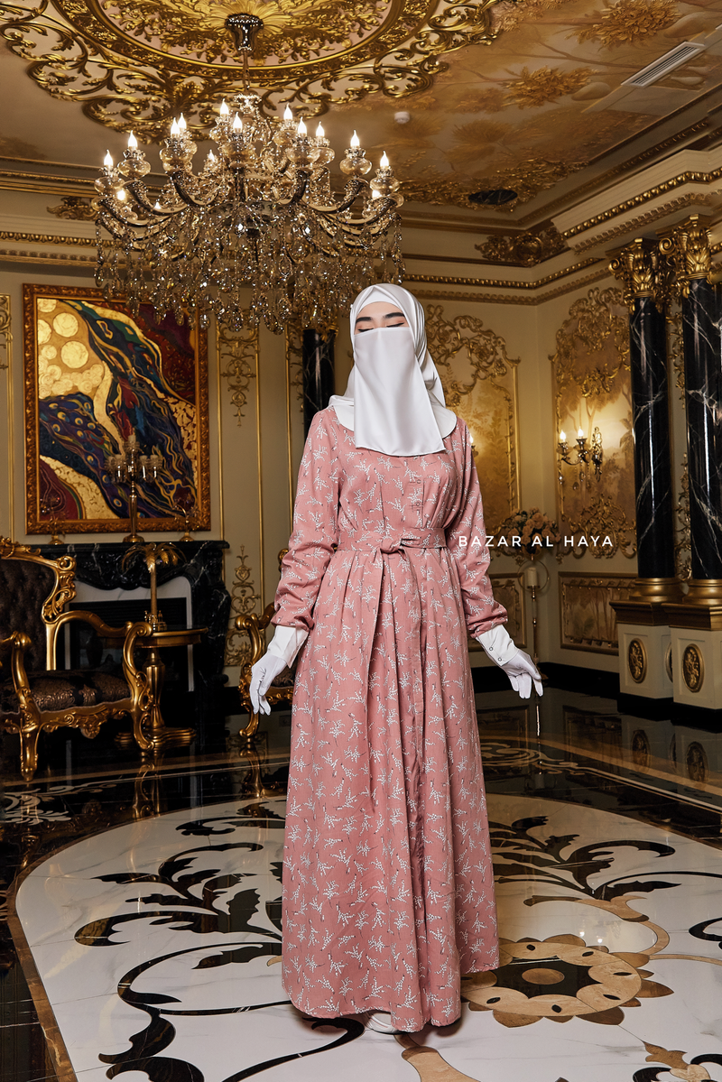 Kamila Salmon Pink Floral Summer Abaya Dress With Belt - Breathable Quality Cotton