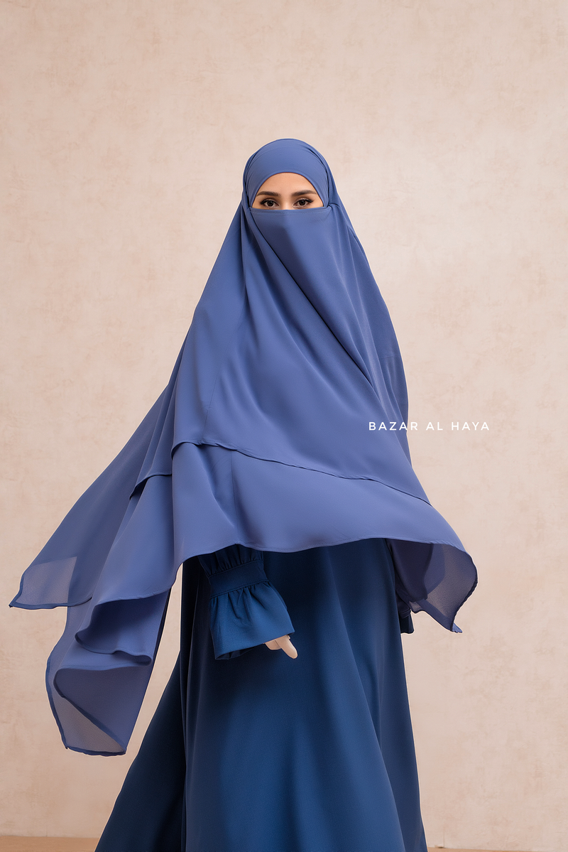 Slate Blue Pari Two Layered Maxi Diamond Khimar - Crepe Chiffon