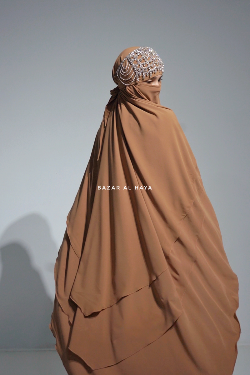 Aiza Latte Three Layered Diamond Khimar - Premium Stretch