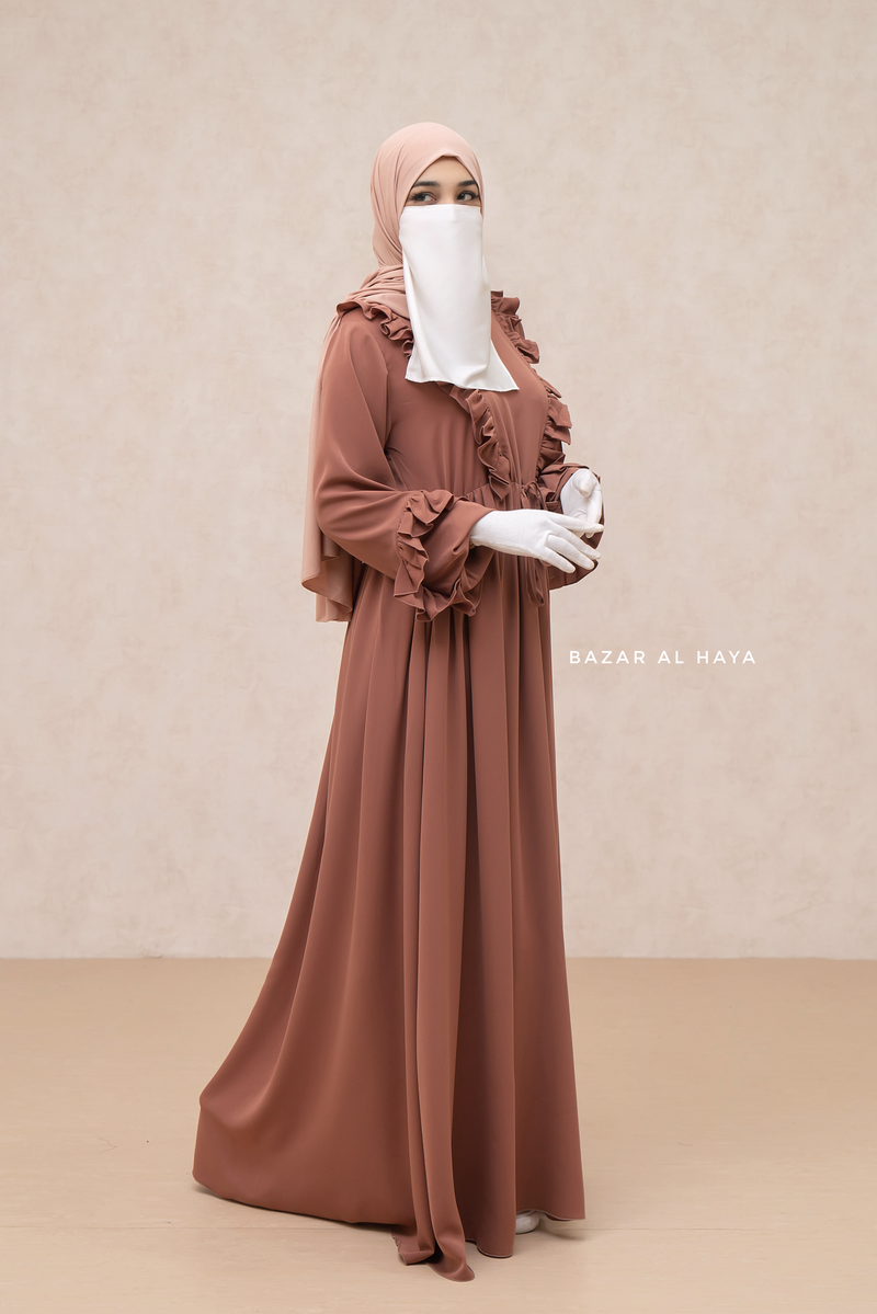 Afsah Cappuccino Ruffle Lightweight Summer Spring Abaya Dress - Soft Breathable Crepe Cotton