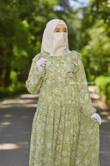 Surayya Kiwi Chiffon Abaya Dress With Floral Print - Ruffled Design