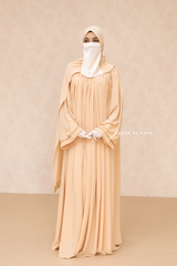 Haniya Beige Abaya Gown - Elegently Wide With Unique Decor - 3 Piece