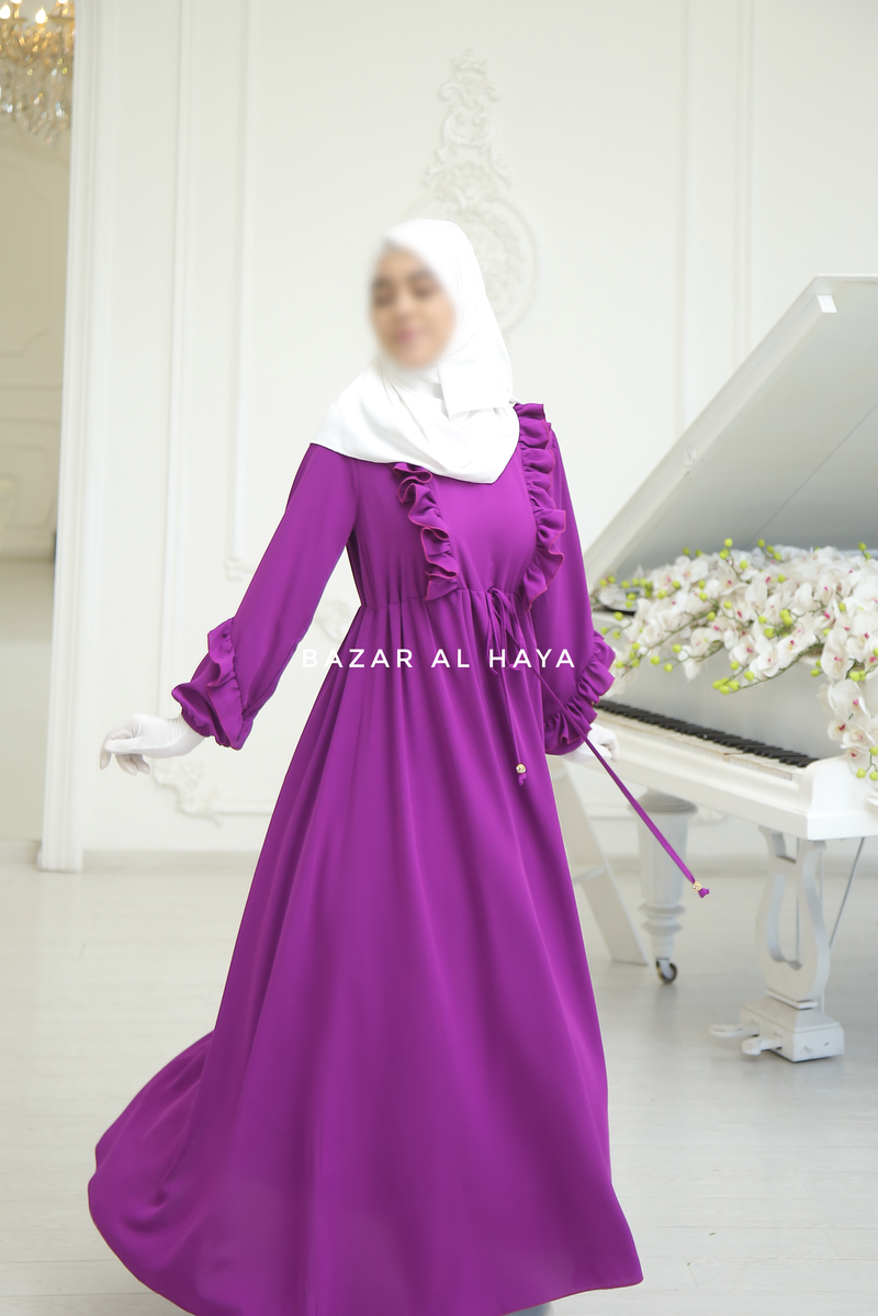 Bright Purple Afsah 3 D Ruffle Embroidery Lightweight Summer Spring Abaya Dress Soft Breathable Crepe Cotton