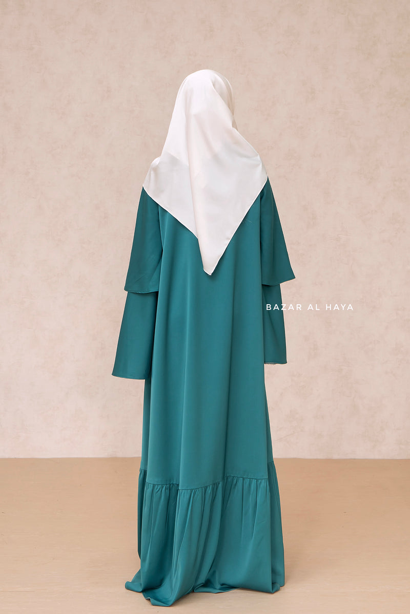 Bushra Dress - Jade Green Layered Ruffle Sleeve Abaya - Premium Sultansha