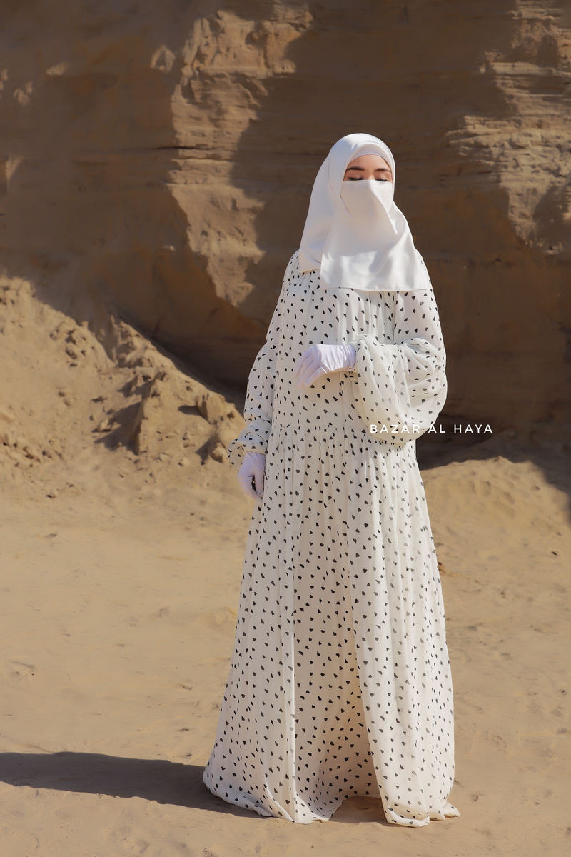 Amira White Chiffon Abaya Dress With Puff Sleeves - Double Layer