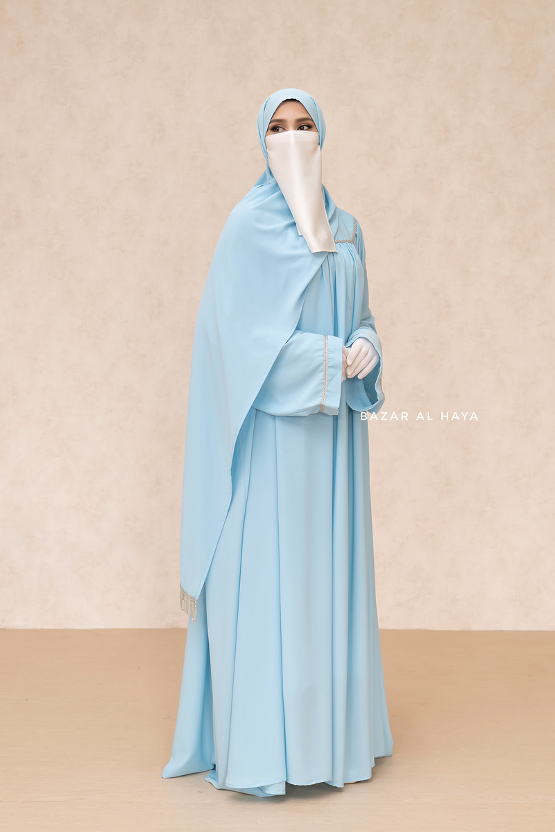 Haniya Sky Blue Abaya Gown - Elegently Wide With Unique Decor - 3 Piece