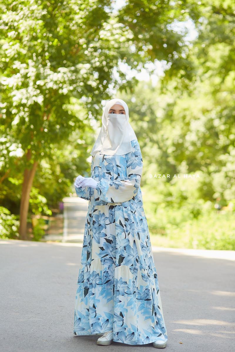 Sadia Ivory/Blue Floral Dress In 100% Cotton Summer Tiered Style Abaya - Front Zipper