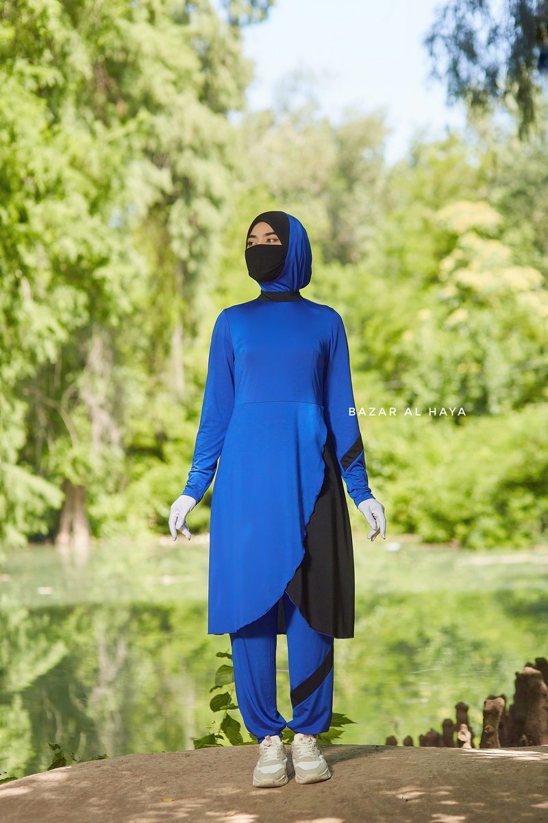 Royal Blue Modest Swimwear Three Piece Set With Swimdress, Khimar, & Pants - Enjoy The Comfort