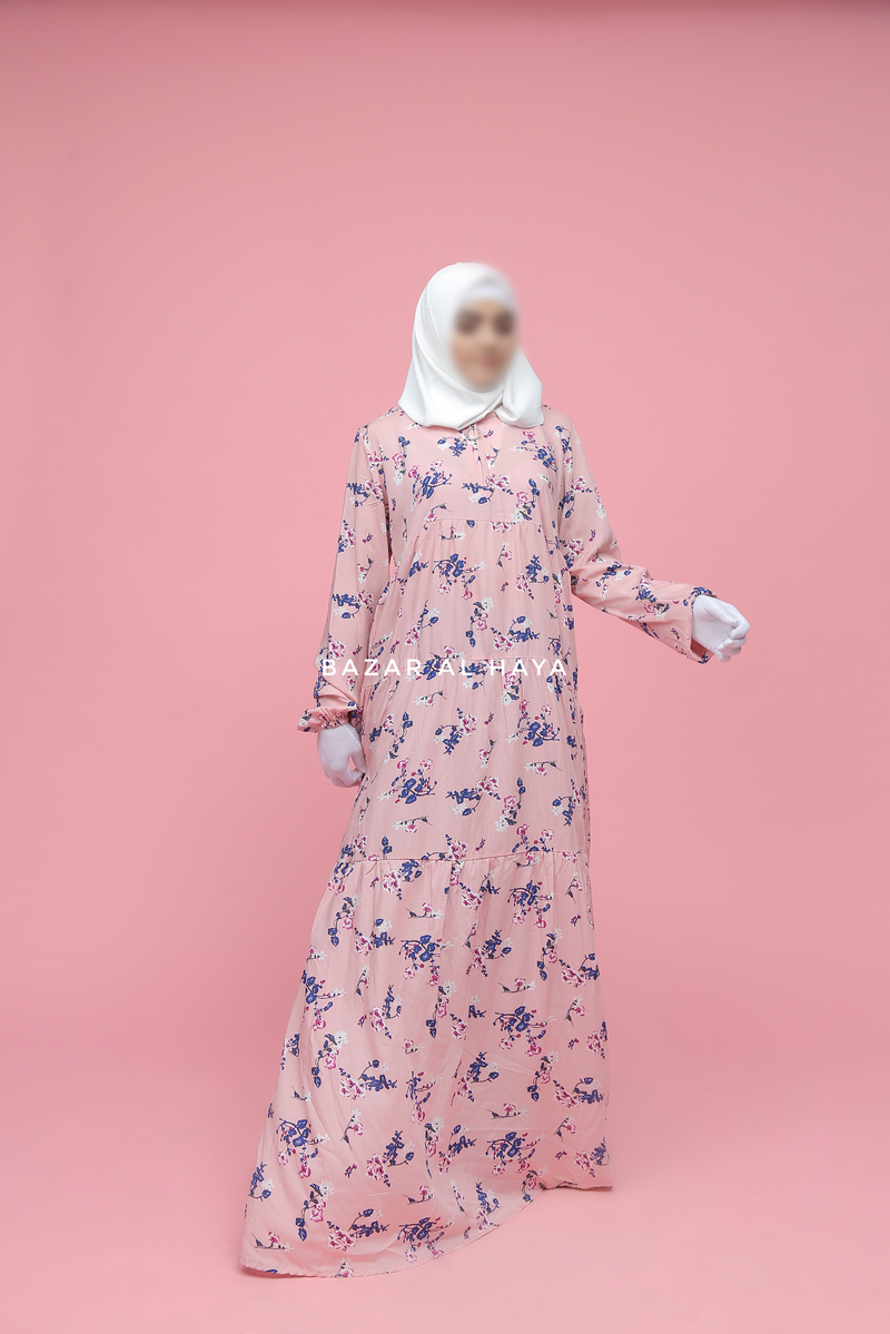 Sadia Pink Floral Abaya Dress 100% Cotton Summer Tiered Style With Front Zipper