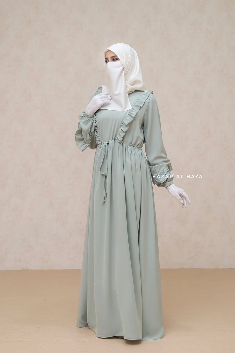 Afsah Mint Ruffle Lightweight Summer Spring Abaya Dress - Soft Breathable Crepe Cotton