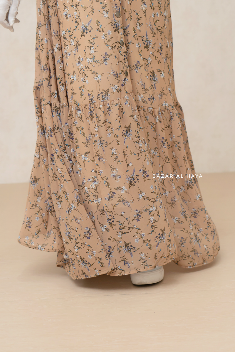 Anisa Peach Floral Chiffon Dress With Belt - Full Snap Button Front