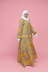 Sadia Yellow & Grey Floral Abaya Dress 100% Cotton Summer Tiered Style With Front Zipper