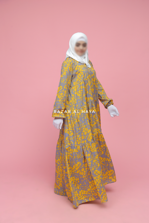 Sadia Yellow & Grey Floral Abaya Dress 100% Cotton Summer Tiered Style With Front Zipper