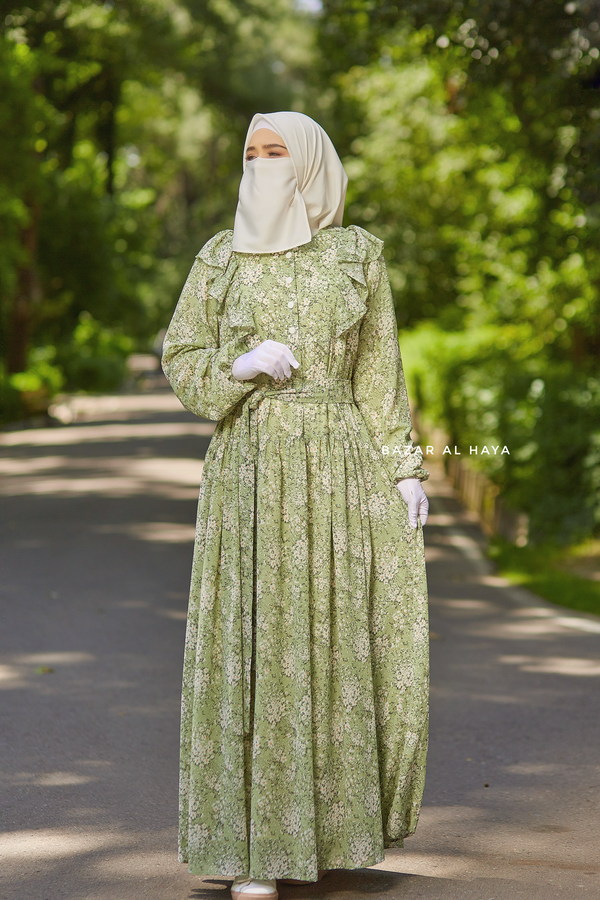 Surayya Kiwi Chiffon Abaya Dress With Floral Print - Ruffled Design