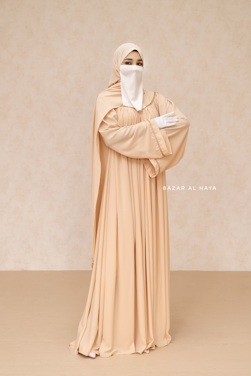 Haniya Beige Abaya Gown - Elegently Wide With Unique Decor - 3 Piece