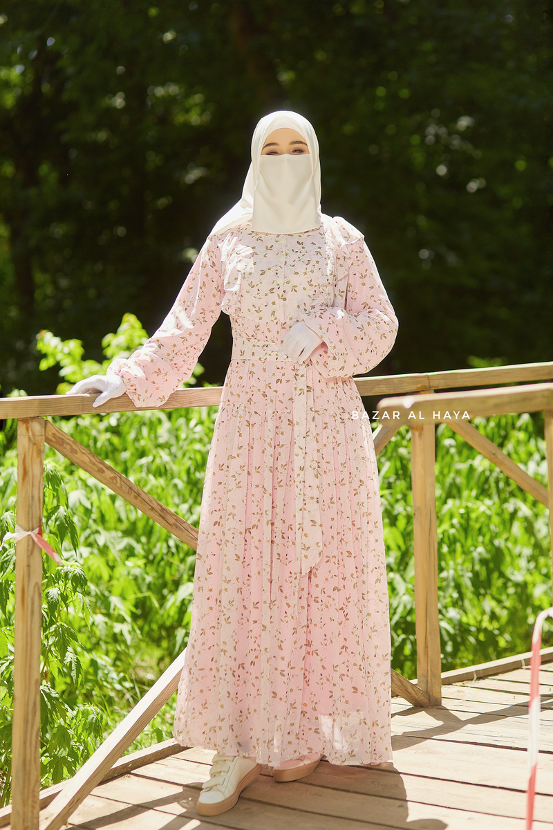 Surayya Pink Chiffon Abaya Dress With Floral Print - Ruffled Design