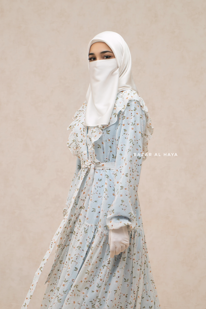 Surayya Light Blue Chiffon Abaya Dress With Floral Print - Ruffled Design