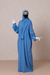 Prayer / Salah Dress One Piece Jilbab Blue 100% Cotton - Super Breathable Comfy Style