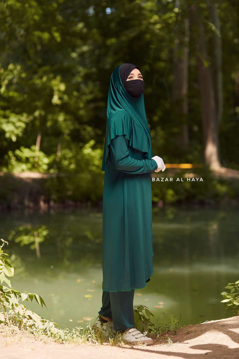 Emerald Modest Swimwear Three Piece Set With Swimdress, Khimar, & Pants - Enjoy The Comfort