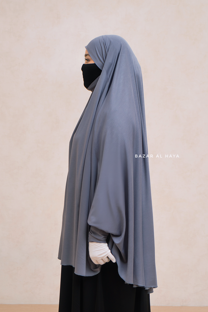 Steel Grey Cotton Abida Khimar With Sleeves - Soft Cotton