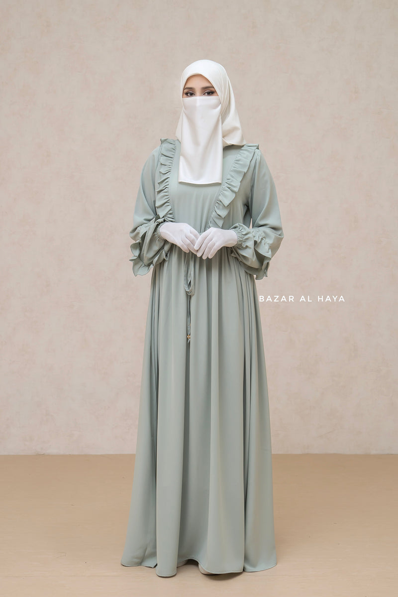 Afsah Mint Ruffle Lightweight Summer Spring Abaya Dress - Soft Breathable Crepe Cotton