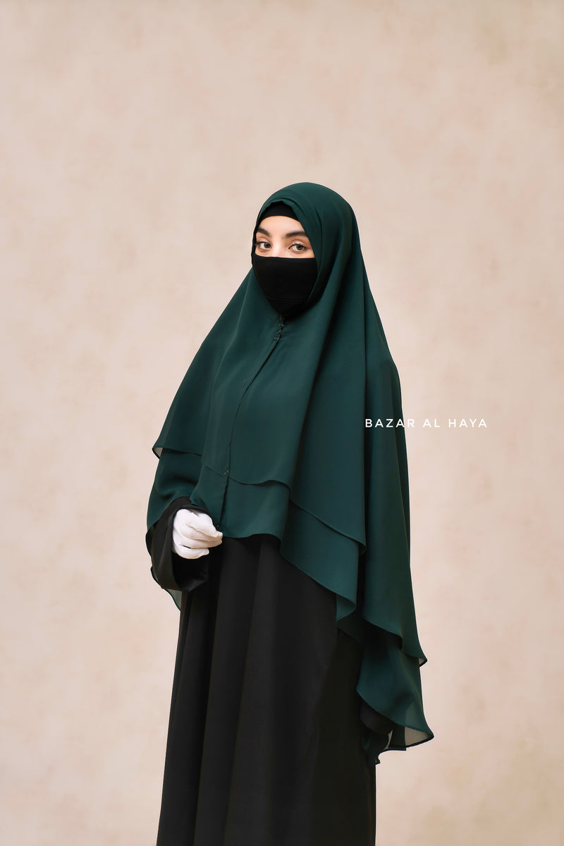 Emerald Green Two Layered Three -In- One Snap Scarf, Khimar, Cape - Super Soft