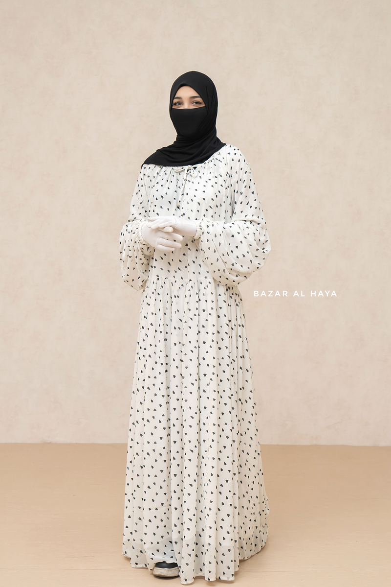 White Amira Chiffon With Tie Neck Strings Abaya Dress - Puff Sleeves