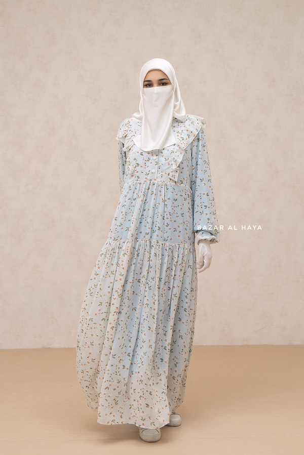 Surayya Light Blue Chiffon Abaya Dress With Floral Print - Ruffled Design