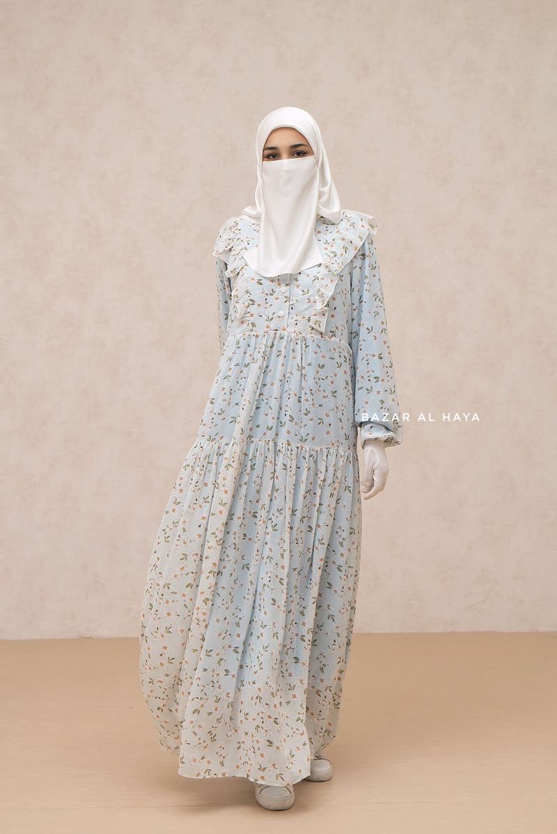 Surayya Light Blue Chiffon Abaya Dress With Floral Print - Ruffled Design