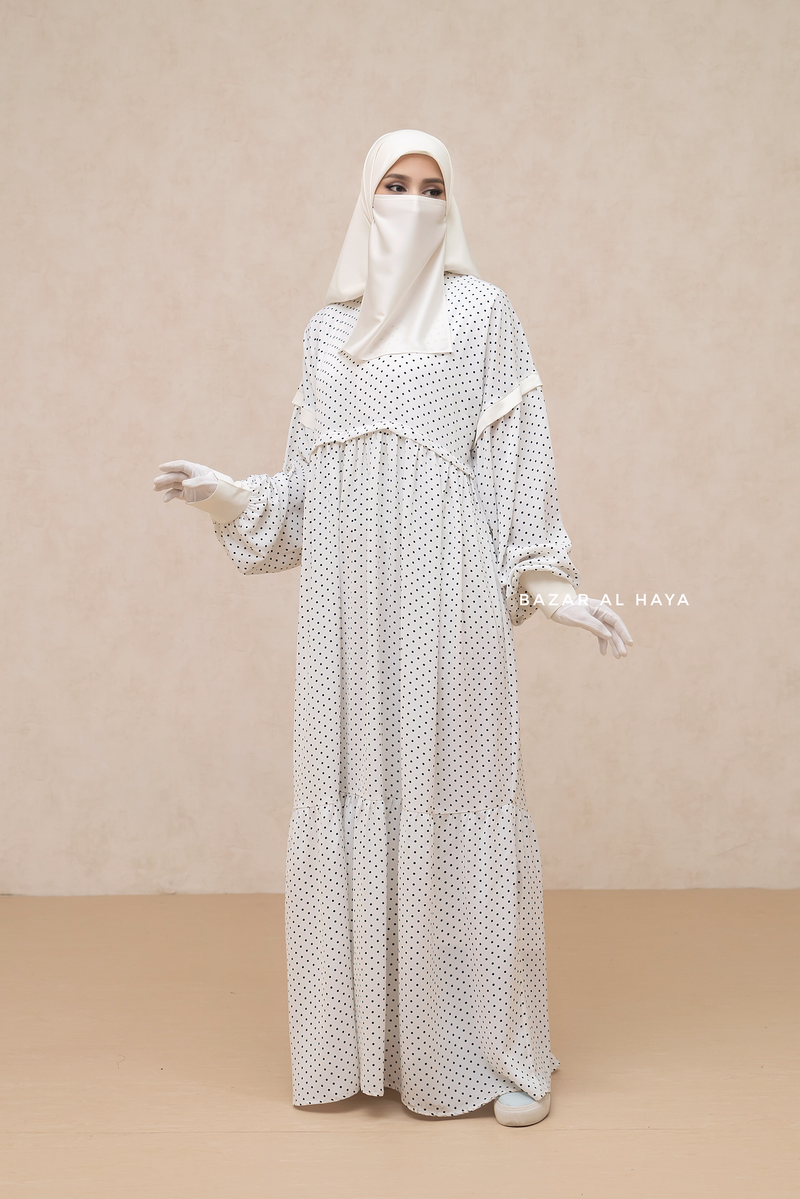Mubina White Polka Dot Tiered Pretty Abaya Dress - Loose & Wide In Nidha