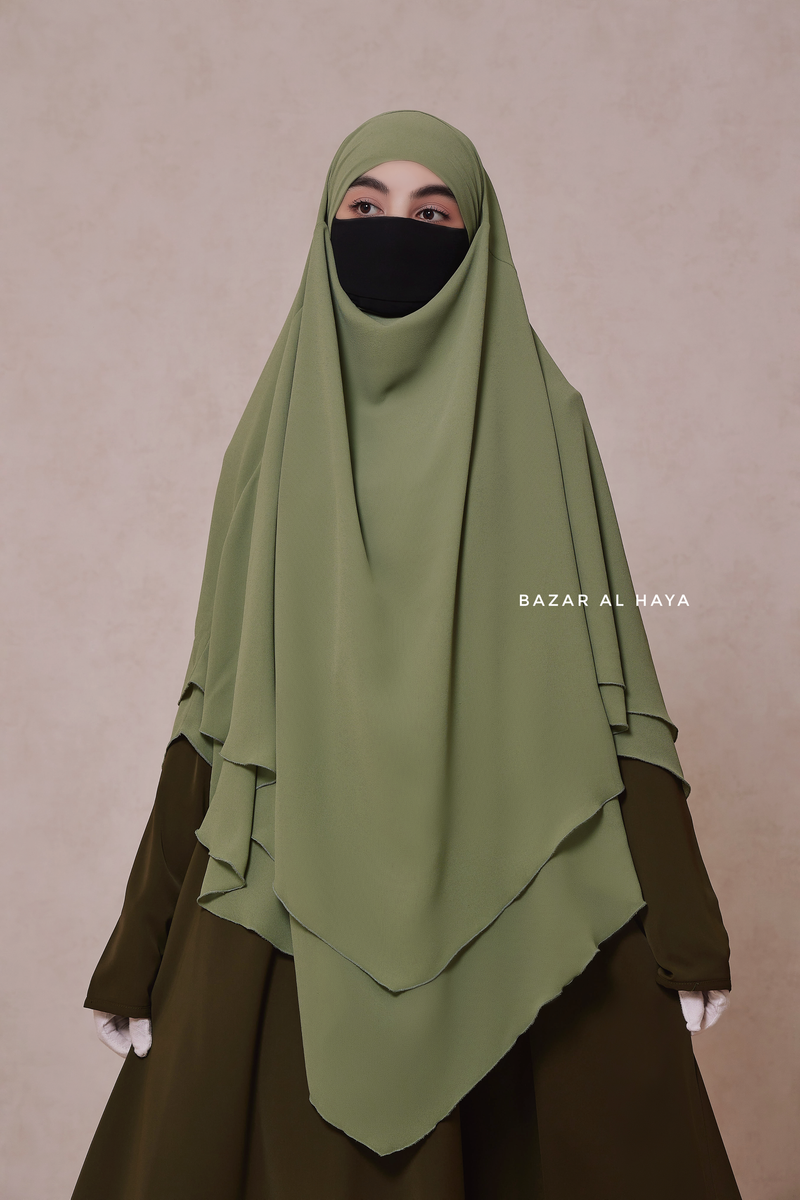 Light Olive Pari Two Layered Maxi Diamond Khimar - Crepe Chiffon