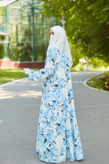 Sadia Ivory/Blue Floral Dress In 100% Cotton Summer Tiered Style Abaya - Front Zipper